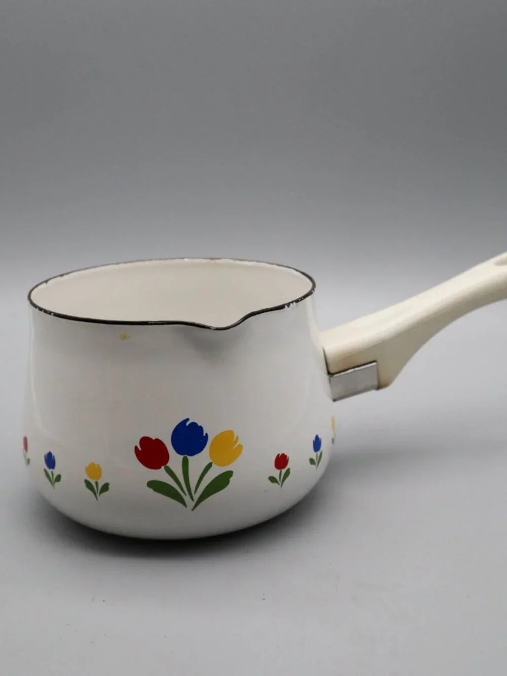 Vtg 80s Tulip Tyme Enameled Metal Spouted Small Saucepan Floral Cottagecore